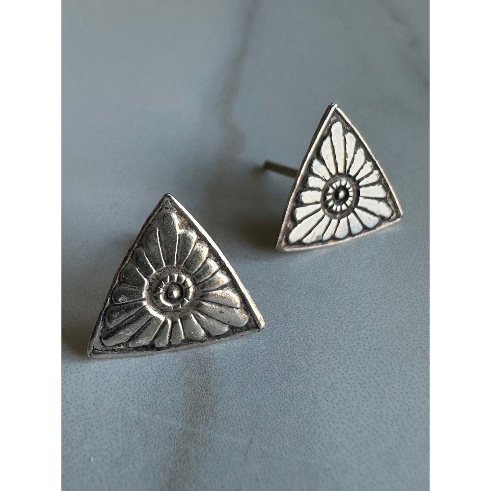 Vintage Sterling Silver Triangle Floral Sunburst Stud Earrings Boho Post